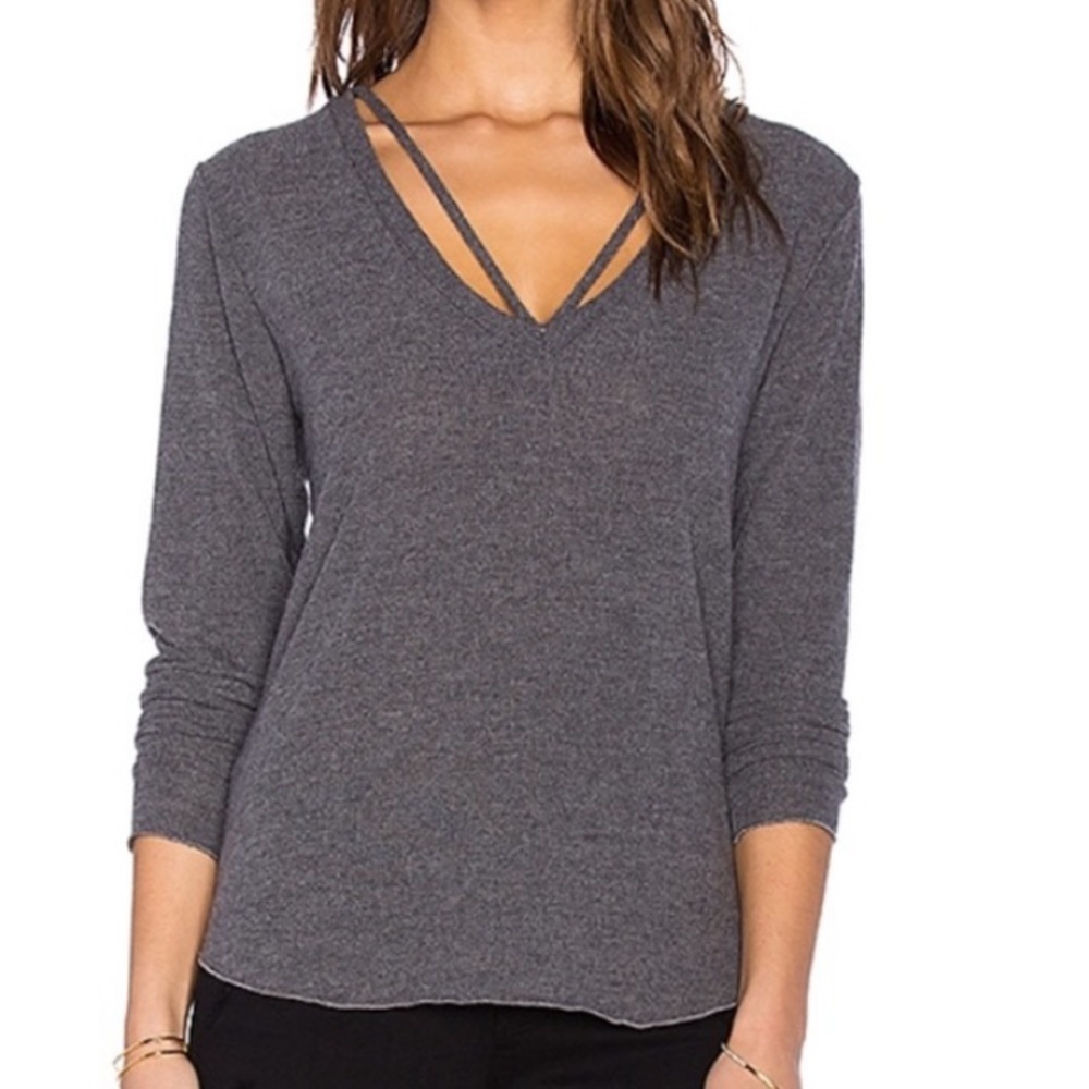 LNA Women’s Avio Strappy V Neck Brushed Knit Hi-lo Sweater Grey Size M